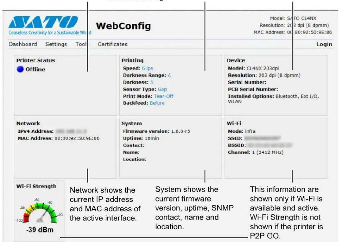 Ceaseless Creativity for a Sustainable World Dashboard Settings Tool Certificates Model: SU TO CL4NX Resolution: 203 dpi (8 dpmm) MAC Address: 00:80:92:50:9E:86 Login Printer Status Offline Printing Speed: 6 ips Darkness Range: A Darkness: 5 Sensor Type: Gap Print Mode: Tear-Off Backfeed: Before Device Model: CL4NX 203dpi Resolution: 203 dpi (8 dpmm) Serial Number: PCB Serial Number: Installed Options: Bluetooth, Ext I/O, WLAN Network IPv4 Address: 1.6.0-r5 MAC Address: 00:80:92:50:9E:86 System Firmware version: 1.6.0-r5 Uptime: 18min Contact: Name: Location: Wi-Fi Mode: Infra SSID: BSSID: Channel: 1 (2412 MHz) Wi-Fi Strength -39 dBm Network shows the current IP address and MAC address of the active interface. System shows the current firmware version, uptime, SNMP contact, name and location. This information are shown only if Wi-Fi is available and active. Wi-Fi Strength is not shown if the printer is P2P GO.