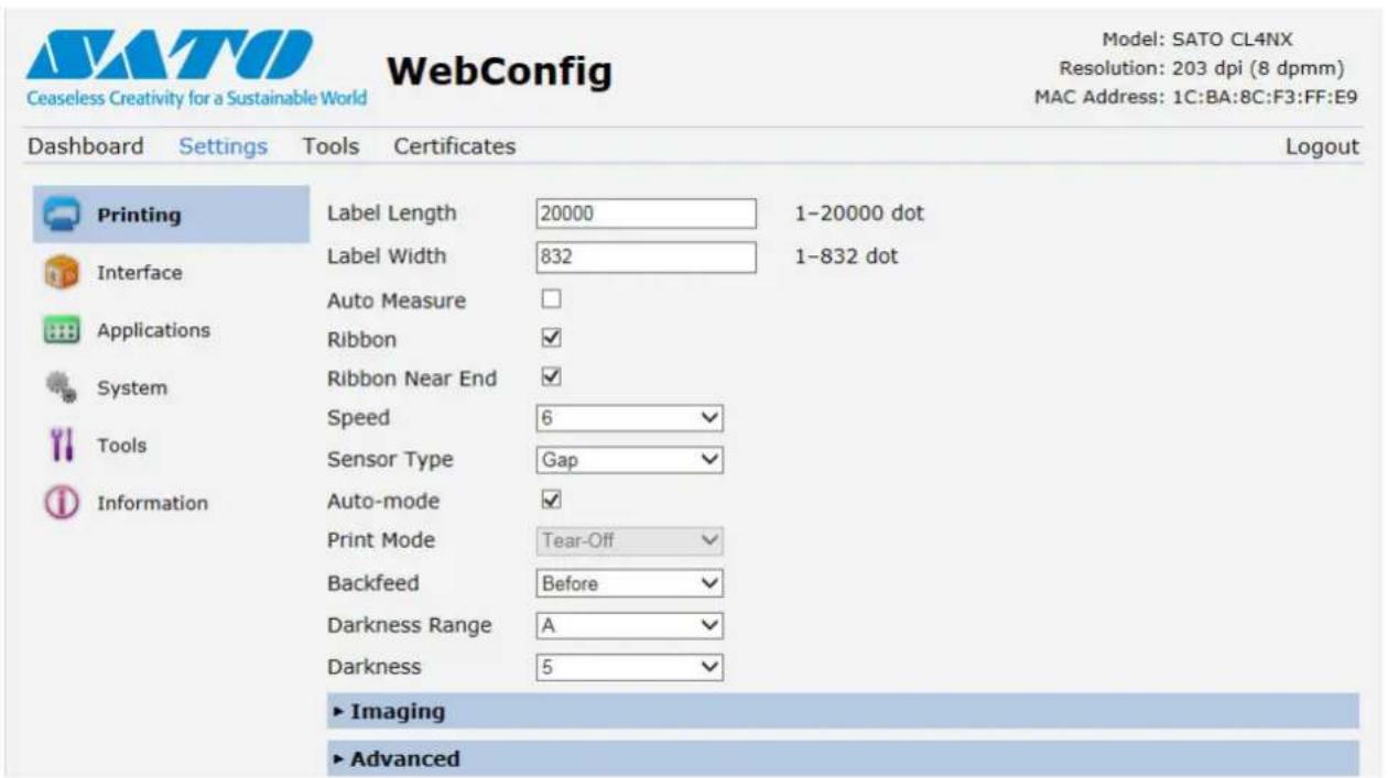 Ceaseless Creativity for a Sustainable World WebConfig Model: SATO CL4NX Resolution: 203 dpi (8 dpmm) MAC Address: 1C:BA:8C:F3:FF:E9 Dashboard Settings Tools Certificates Logout Printing Label Length 20000 1-20000 dot Interface Label Width 832 1-832 dot Applications Auto Measure □ System Ribbon ✓ Tools Ribbon Near End ✓ Information Speed 6 ✓ Sensor Type Gap ✓ Auto-mode ✓ Print Mode Tear-Off ✓ Backfeed Before ✓ Darkness Range A ✓ Darkness 5 ✓ ►Imaging ►Advanced