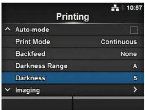 Printing Auto-mode Print Mode Continuous Backfeed None Darkness Range A Darkness 5 Imaging >