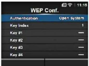 WEP Conf. Authentication Open System Key Index 1 Key #1 .... Key #2 .... Key #3 .... Key #4 ....