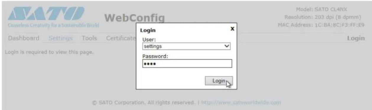 Model: SATO CL4NX Resolution: 203 dpi (8 dpmm) MAC Address: 1C:BA:8C:F3:FF:E9 Login User: settings Password: **** Login © SATO Corporation. All rights reserved. | http://www.satoworldwide.com