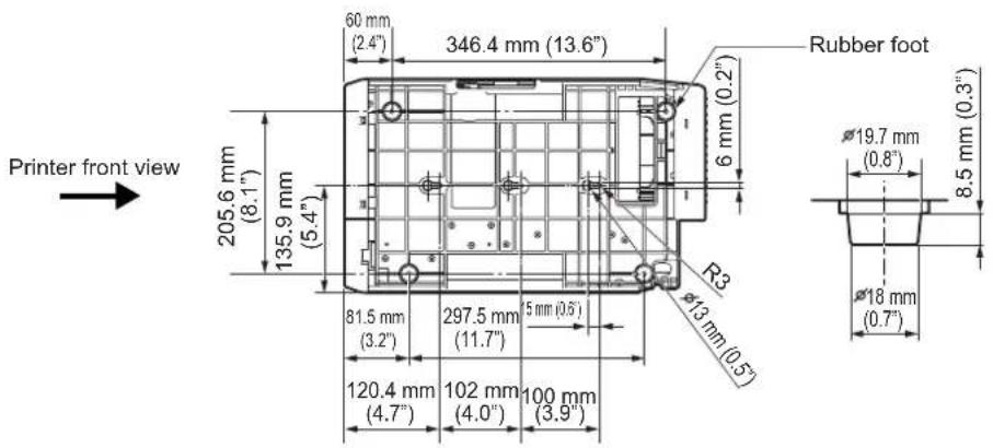 Printer front view 205.6 mm (8.1") 135.9 mm (5.4") 60 mm (2.4") 346.4 mm (13.6") Rubber foot R3 φ13 mm (0.5) 81.5 mm (3.2") 297.5 mm (11.7) 5 mm (0.6) 120.4 mm (4.7) 102 mm (4.0) 100 mm (3.9) φ18 mm (0.7) φ19.7 mm (0.8) 8.5 mm (0.3)
