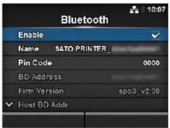 Bluetooth Enable Name SATO PRINTER_ Pin Code 0000 BD Address Firm Version spb3_v2.00 Host BD Addr