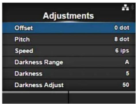 Adjustments Offset 0 dot Pitch 8 dot Speed 6 ips Darkness Range A Darkness 5 Darkness Adjust 50