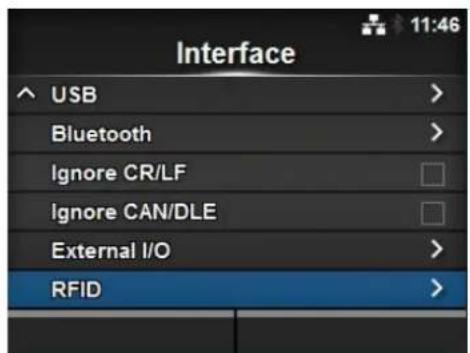 Interface USB > Bluetooth > Ignore CR/LF Ignore CAN/DLE External I/O > RFID >