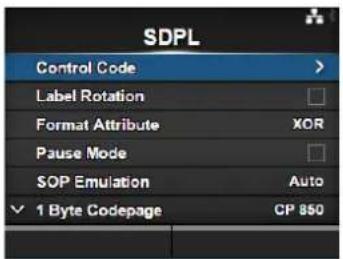 SDPL Control Code > Label Rotation Format Attribute XOR Pause Mode SOP Emulation Auto 1 Byte Codepage CP 850