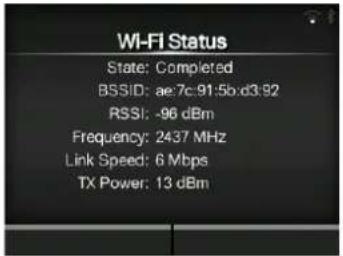 Wi-FI Status State: Completed BSSID: ae7c:91:5b:d3:92 RSSI: -96 dBm Frequency: 2437 MHz Link Speed: 6 Mbps TX Power: 13 dBm