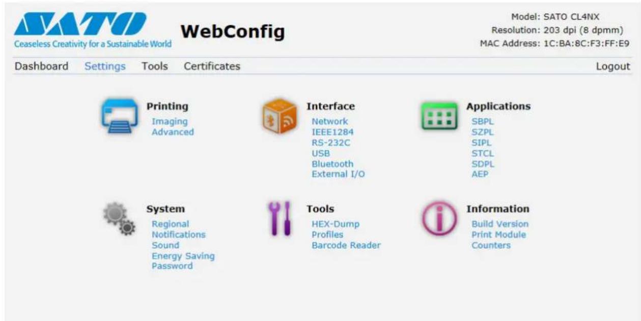 Ceaseless Creativity for a Sustainable World WebConfig Model: SATO CL4NX Resolution: 203 dpi (8 dpmm) MAC Address: 1C:BA:8C:F3:FF:E9 Dashboard Settings Tools Certificates Logout Printing Imaging Advanced Interface Network IEEE1284 RS-232C USB Bluetooth External I/O Applications SBPL SZPL SIPL STCL SDPL AEP System Regional Notifications Sound Energy Saving Password Tools HEX-Dump Profiles Barcode Reader Information Build Version Print Module Counters