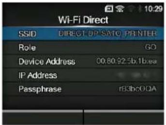 Wi-Fi Direct SSID DIRECT OP SATO_PRINTER Role GO Device Address 00:80:92:5b:1brea IP Address Passphrase rB3bc0QA