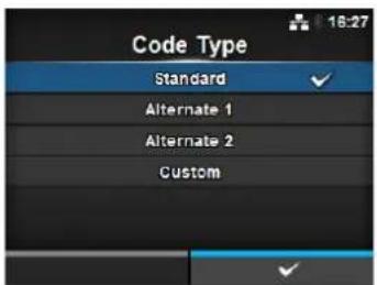 Code Type Standard Alternate 1 Alternate 2 Custom