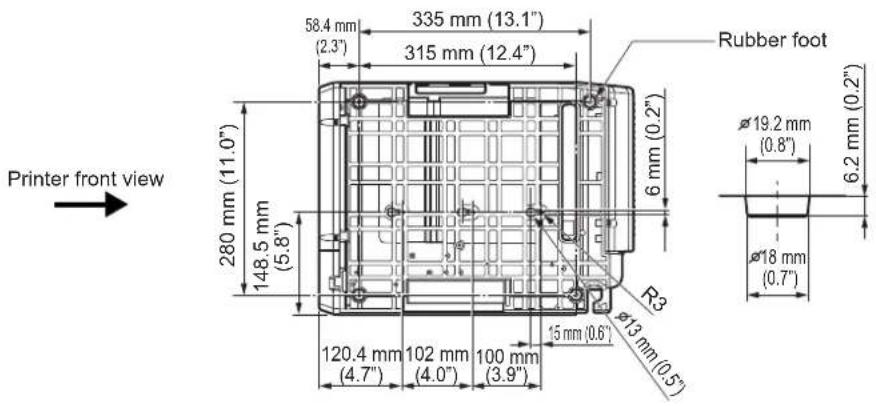 Printer front view 280 mm (11.0") 148.5 mm (5.8") 58.4 mm (2.3) 335 mm (13.1") 315 mm (12.4") Rubber foot 6 mm (0.2") Ø19.2 mm (0.8") 6.2 mm (0.2") Ø18 mm (0.7") R3 Ø13 mm(0.5) 120.4 mm (4.7") 102 mm (4.0") 100 mm (3.9) 15 mm (0.6)