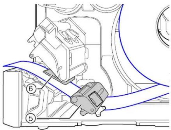 Technical diagram showing mechanical assembly with numbered components and blue cable routing lines