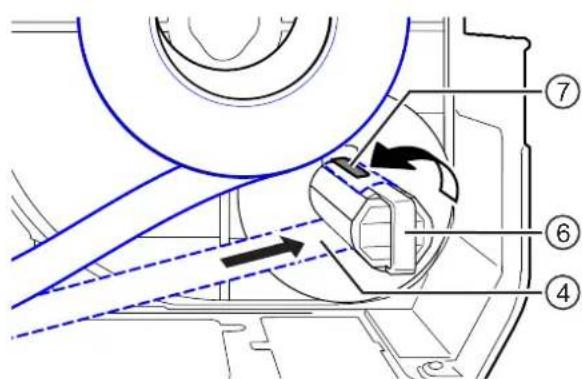 Technical diagram of a mechanical assembly with numbered components and directional arrows indicating motion or flow.