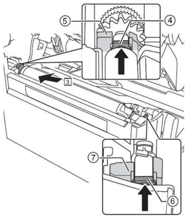Technical diagram illustrating a mechanical assembly with numbered components and directional arrows indicating motion or flow.