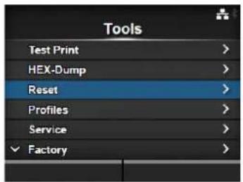 Tools Test Print > HEX-Dump > Reset > Profiles > Service > ✓ Factory >