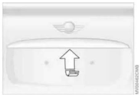 Top-down view of a car's front bumper with an upward arrow and logo (no text or symbols)
