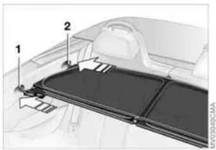 Technical diagram of a car interior panel with numbered components and directional arrows indicating assembly or movement.