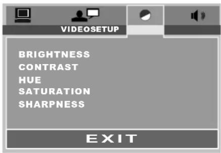 VIDEOSETUP BRIGHTNESS CONTRAST HUE SATURATION SHARPNESS EXIT