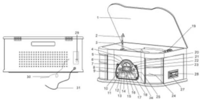 Technical diagram of a device with numbered components and labeled parts, including a schematic view and detailed cross-section.