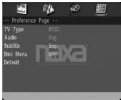 -- Preference Page -- TV Type NTSC Audio Eng Subtitle Eng Disc Menu Eng Default