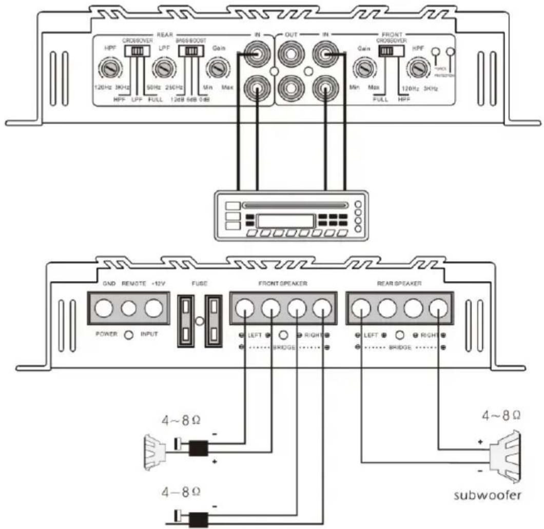 Technical diagram of a dual-chamber electronic device with labeled components and connections, including power, input, output, and speaker modules.