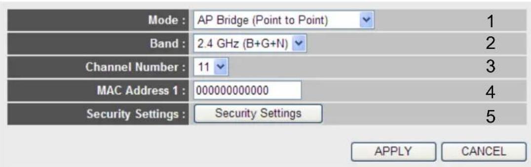 Mode : AP Bridge (Point to Point) 1 Band : 2.4 GHz (B+G+N) 2 Channel Number : 11 3 MAC Address 1 : 000000000000 4 Security Settings : Security Settings 5 APPLY CANCEL