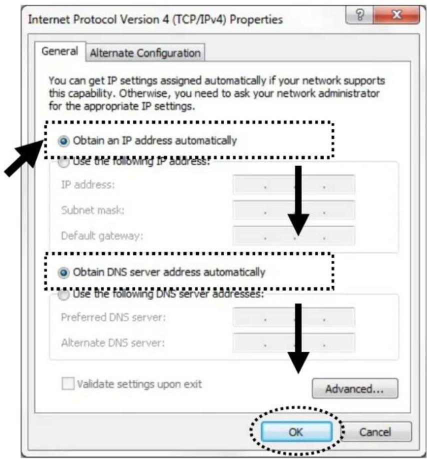 Internet Protocol Version 4 (TCP/IPv4) Properties General Alternate Configuration You can get IP settings assigned automatically if your network supports this capability. Otherwise, you need to ask your network administrator for the appropriate IP settings. Obtain an IP address automatically Use the following IP address: IP address: . Subnet mask: . Default gateway: . Obtain DNS server address automatically Use the following DNS server addresses: Preferred DNS server: . Alternate DNS server: . Validate settings upon exit Advanced... OK Cancel