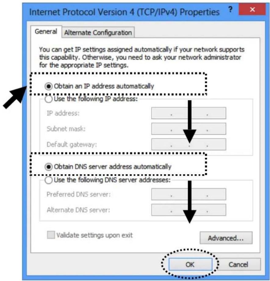 Internet Protocol Version 4 (TCP/IPv4) Properties General Alternate Configuration You can get IP settings assigned automatically if your network supports this capability. Otherwise, you need to ask your network administrator for the appropriate IP settings. Obtain an IP address automatically Use the following IP address: IP address: . . . Subnet mask: . . . Default gateway: . . . Obtain DNS server address automatically Use the following DNS server addresses: Preferred DNS server: . . . Alternate DNS server: . . . Validate settings upon exit Advanced... OK Cancel