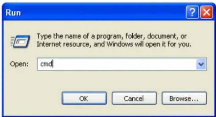 Run Type the name of a program, folder, document, or Internet resource, and Windows will open it for you. Open: cmd OK Cancel Browse...