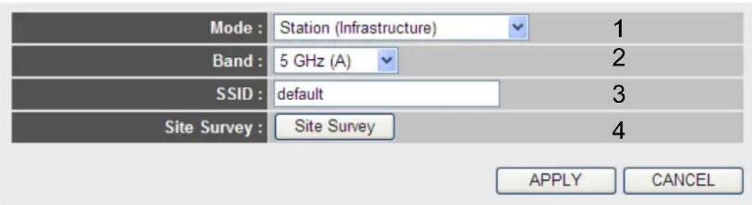 Mode : Station (Infrastructure) 1 Band : 5 GHz (A) 2 SSID : default 3 Site Survey : Site Survey 4 APPLY CANCEL
