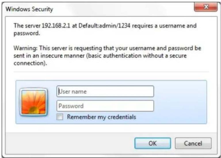 Windows Security The server 192.168.2.1 at Default:admin/1234 requires a username and password. Warning: This server is requesting that your username and password be sent in an insecure manner (basic authentication without a secure connection). User name Password Remember my credentials OK Cancel