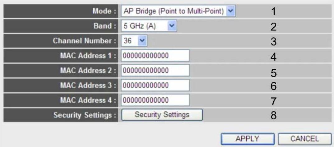 Mode : AP Bridge (Point to Multi-Point) 1 Band : 5 GHz (A) 2 Channel Number : 36 3 MAC Address 1 : 000000000000 4 MAC Address 2 : 000000000000 5 MAC Address 3 : 000000000000 6 MAC Address 4 : 000000000000 7 Security Settings : Security Settings 8 APPLY CANCEL