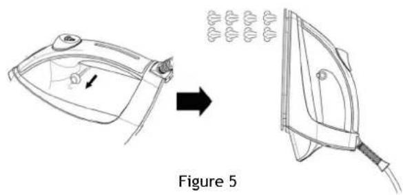 Line drawing of a steam iron device before and after assembly, showing internal components and motion direction (no text or symbols)