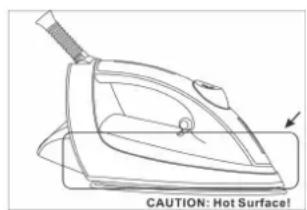 Line drawing of a hot air iron with label indicating 'CAUTION: Hot Surface!' (no other text or symbols)