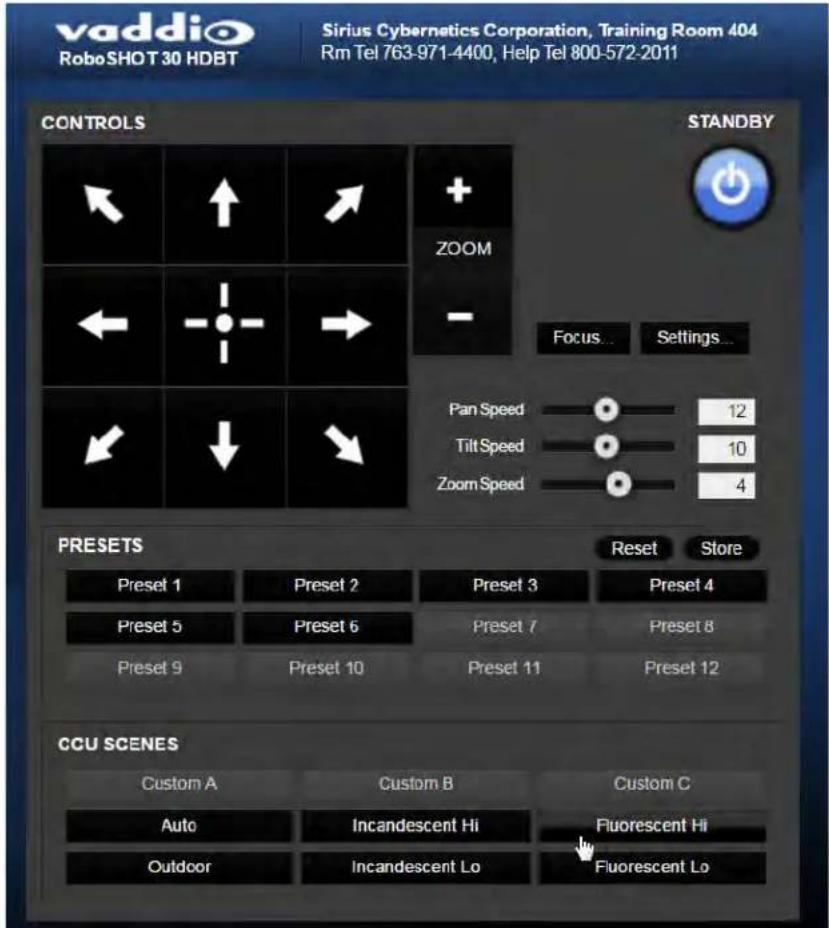 vaddio RoboSHOT 30 HDBT Sirius Cybernetics Corporation, Training Room 404 Rm Tel 763-971-4400, Help Tel 800-572-2011 CONTROLS ZOOM Focus... Standby Pan Speed 12 Tilt Speed 10 Zoom Speed 4 PRESETS Reset Store Preset 1 Preset 2 Preset 3 Preset 4 Preset 5 Preset 6 Preset 7 Preset 8 Preset 9 Preset 10 Preset 11 Preset 12 CCU SCENES Custom A Custom B Custom C Auto Incandescent Hi Fluorescent Hi Outdoor Incandescent Lo Fluorescent Lo