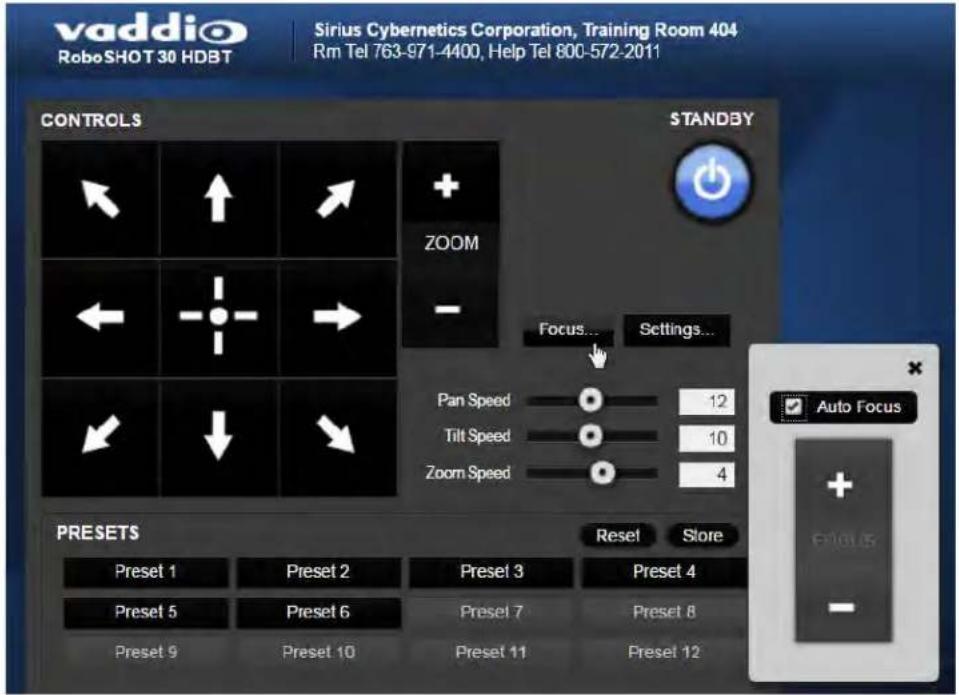 vaddio RoboSHOT 30 HDBT Sirius Cybernetics Corporation, Training Room 404 Rm Tel 763-971-4400, Help Tel 800-572-2011 CONTROLS ZOOM STANDBY Focus... Settings... Pan Speed 12 Tilt Speed 10 Zoom Speed 4 PRESETS Reset Store Auto Focus + EUGLAS - Preset 1 Preset 2 Preset 3 Preset 4 Preset 5 Preset 6 Preset 7 Preset 8 Preset 9 Preset 10 Preset 11 Preset 12