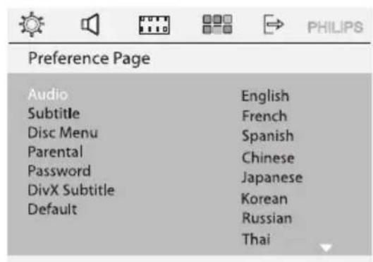 Preference Page Audio English Subtitle French Disc Menu Spanish Parental Chinese Password Japanese DivX Subtitle Korean Default Russian Thai