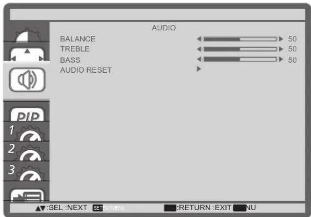 AUDIO BALANCE TREBLE BASS AUDIO RESET 50 50 50 ▲:SEL :NEXT SET:EXIT :RETURN :EXIT NU