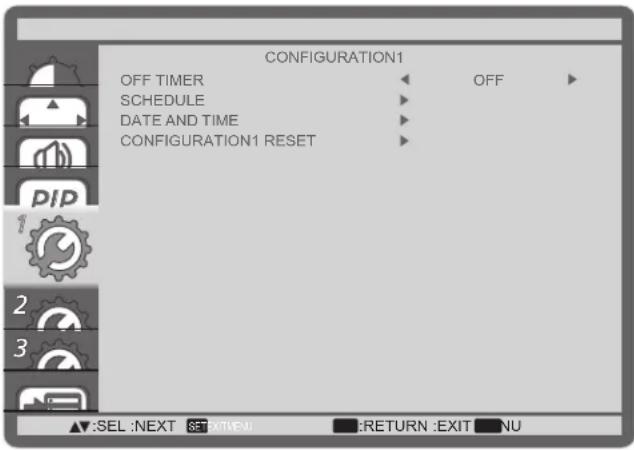 CONFIGURATION1 OFF TIMER SCHEDULE DATE AND TIME CONFIGURATION1 RESET OFF PIP 2 3 ▲:SEL :NEXT &F:\EXIT\N1 ■:RETURN :EXIT ■NU