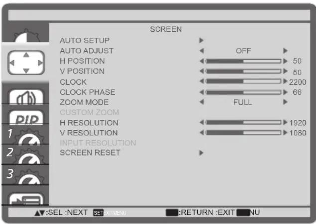 SCREEN AUTO SETUP AUTO ADJUST H POSITION V POSITION CLOCK CLOCK PHASE ZOOM MODE CUSTOM ZOOM H RESOLUTION V RESOLUTION INPUT RESOLUTION SCREEN RESET OFF 50 50 2200 66 FULL 1920 1080 SEL :NEXT SE:EXIT(VIEW) :RETURN :EXIT NU