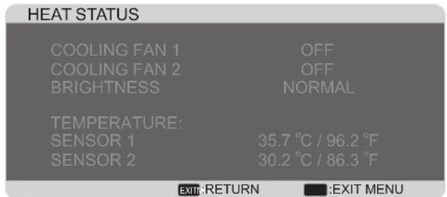 HEAT STATUS COOLING FAN 1 OFF COOLING FAN 2 OFF BRIGHTNESS NORMAL TEMPERATURE: SENSOR 1 35.7 ℃ / 96.2 ℉ SENSOR 2 30.2 ℃ / 86.3 ℉ EXIT:RETURN EXIT MENU