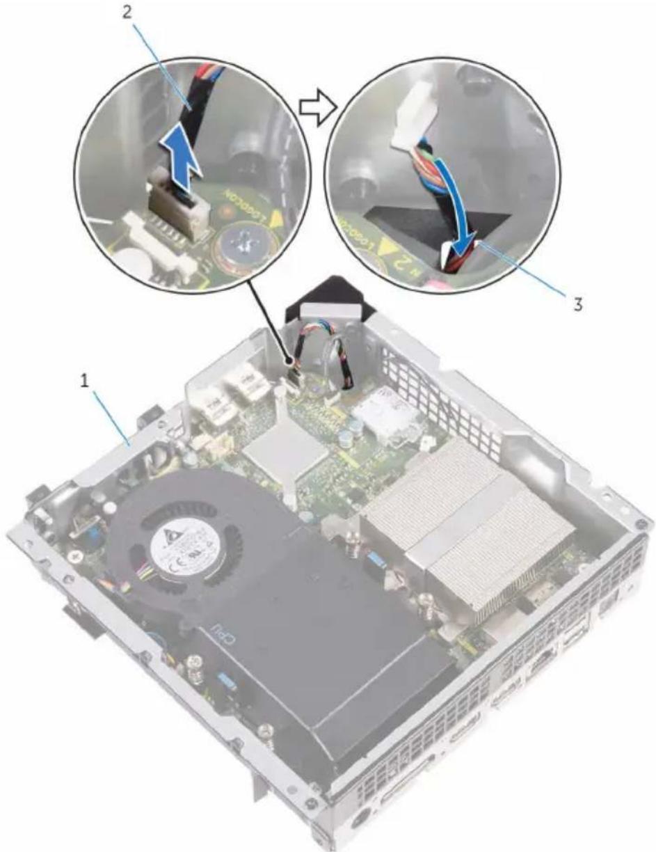 Diagram showing computer motherboard components with numbered annotations highlighting key parts and motion directions.