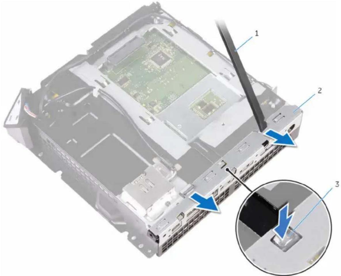 Technical diagram of an electronic device showing internal components and a close-up view with blue arrows indicating parts of the main structure.