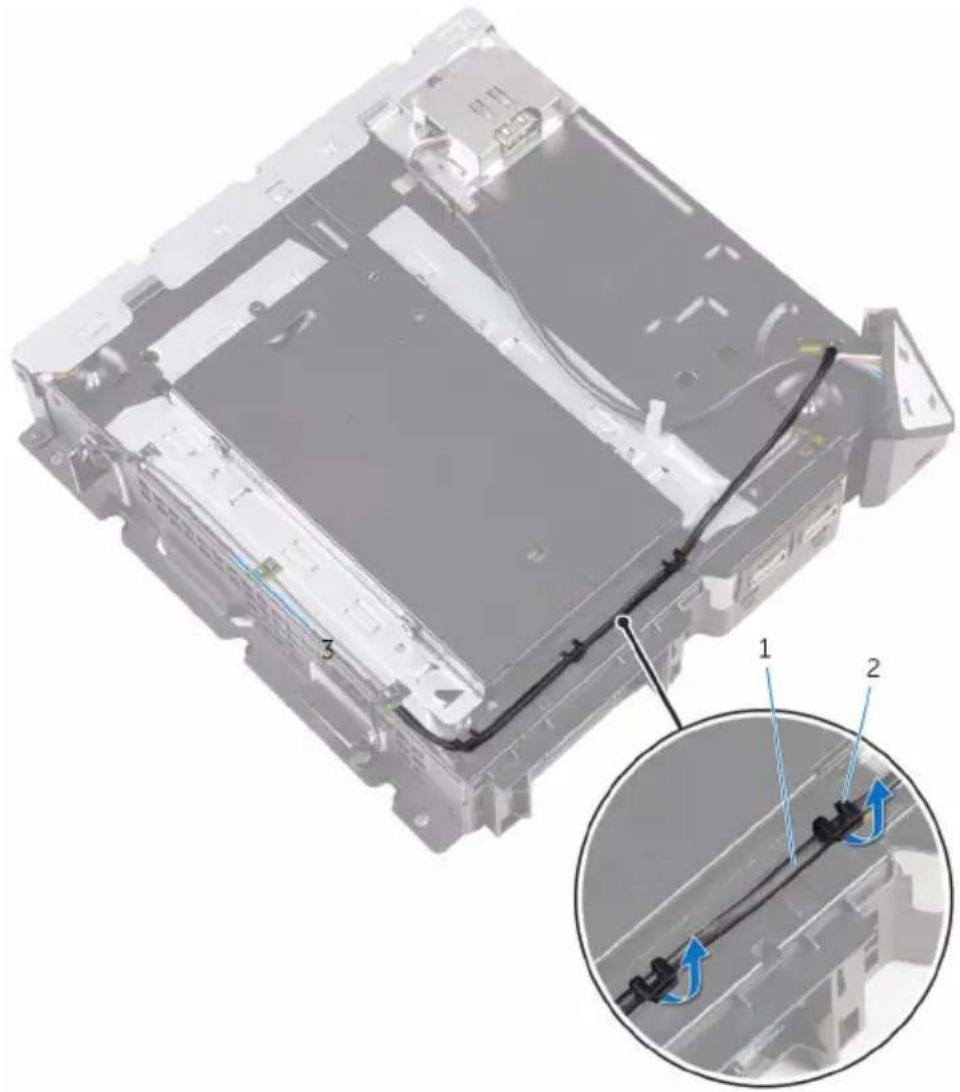 Technical diagram of an electronic device with labeled components and a magnified inset showing cable connection details.