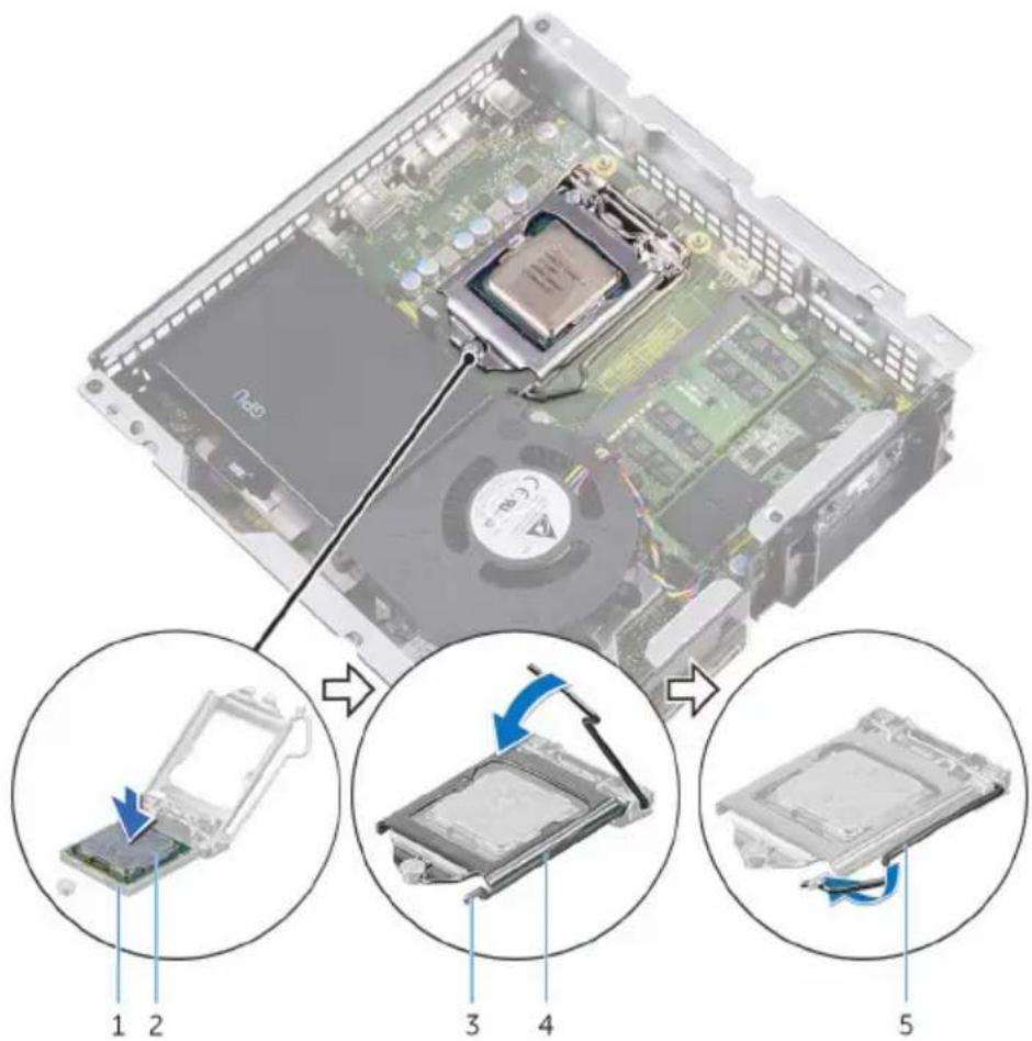 Diagram showing computer motherboard components with numbered steps and close-ups of CPU drive mechanism