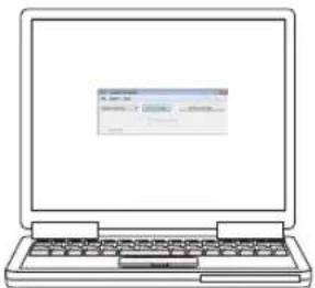 Line drawing of a laptop with a simple GUI window displaying text and icons on the screen