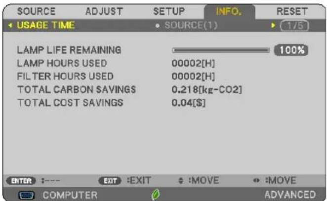 SOURCE ADJUST SETUP INFO. RESET USAGE TIME SOURCE(1) 1/5 LAMP LIFE REMAINING 100% LAMP HOURS USED 00002[H] FILTER HOURS USED 00002[H] TOTAL CARBON SAVINGS 0.218[kg-CO2] TOTAL COST SAVINGS 0.04[$] ENTER :--- EXIT :EXIT :MOVE :MOVE COMPUTER ADVANCED