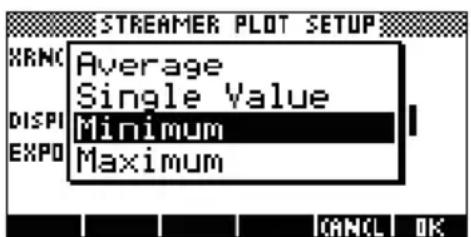 STREAMER PLOT SETUP XRCN Average Single Value DISPI Minimum EXPO Maximum CANCEL OK