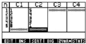 n C1 C2 C3 C4 1 1 5 2 2 4 3 3 3 4 5 2 5 6 1 EDIT INS SORT BIG |2VAR STATS