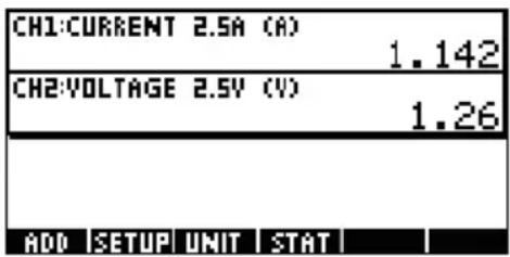 CH1:CURRENT 2.5A (A) 1.142 CH2:VOLTAGE 2.5V (V) 1.26 ADD SETUP UNIT STAT